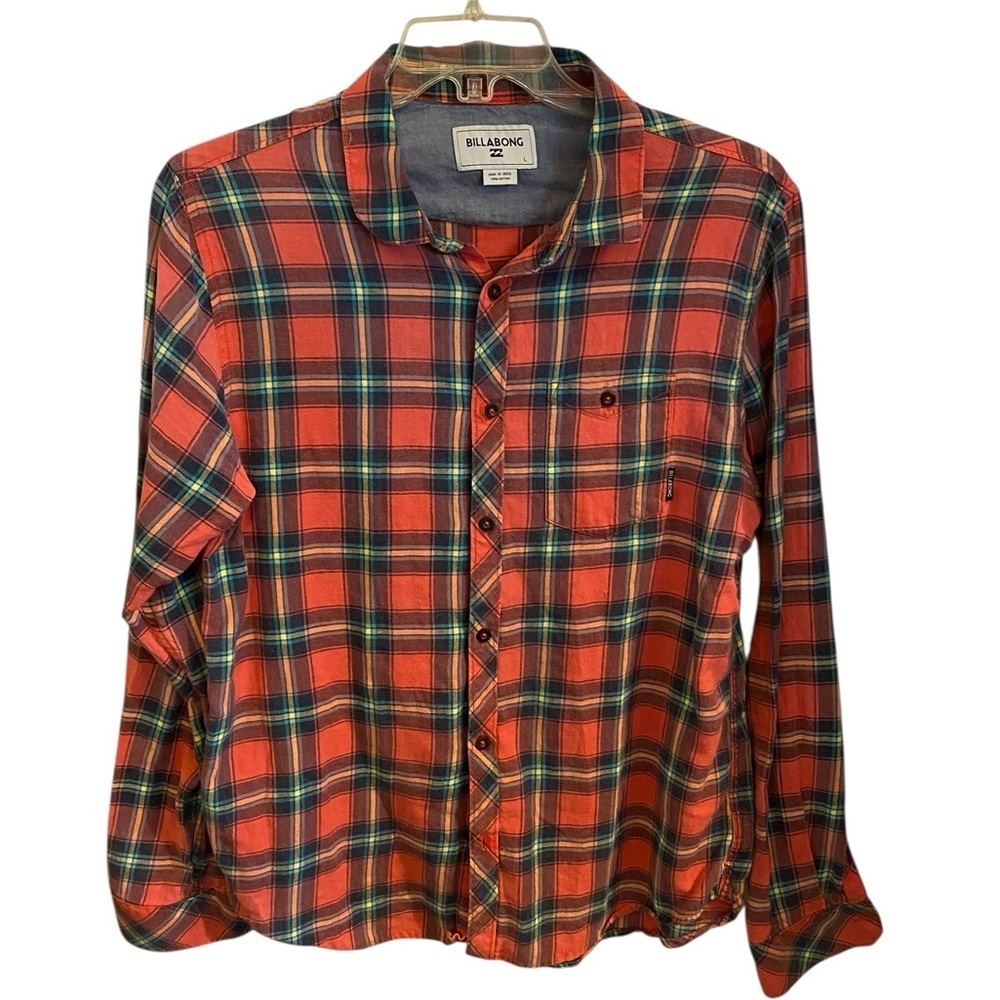 Billabong Red Yellow green Plaid Cotton Button Down Shirt Gorpcore cabincore